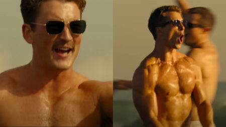 Montaggio di frame che raffigurano Glen Powell e Miles Teller in Top Gun: Maverick.