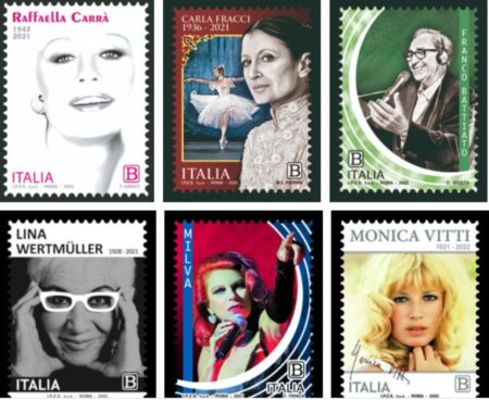 I francobolli delle eccellenze italiane in uscita oggi, con Raffaella Carrà, Monica Vitti e Battiato Francobolli 6 eccellenze italiane