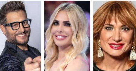 Isola dei Famosi 2023, con Ilary Blasi gli opinionisti Enrico Papi e Vladimir Luxuria Enrico Papi, Ilary Blasi, Vladimir Luxuria