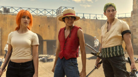 Luffy, Nami e Zoro nella serie di One Piece