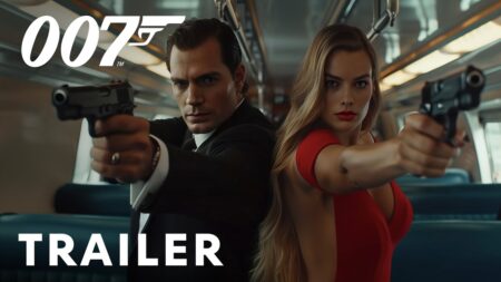 Frame del finto trailer del film su 007 con Cavill e Robbie