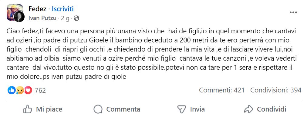 il post di Ivan Putzu a Fedez