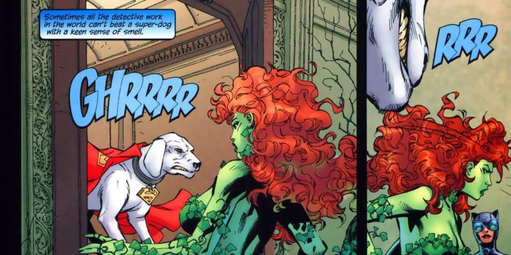 Tavola tratta da 'Batman: Hush' in cui Krypto sventa la minaccia di Poison Ivy