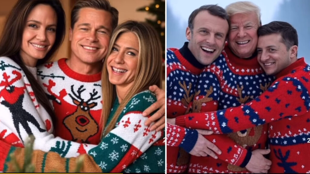 Angelina Jolie, Brad Pitt e Jennifer Aniston insieme a Natale: il video pacifista AI è virale video virale AI di Natale