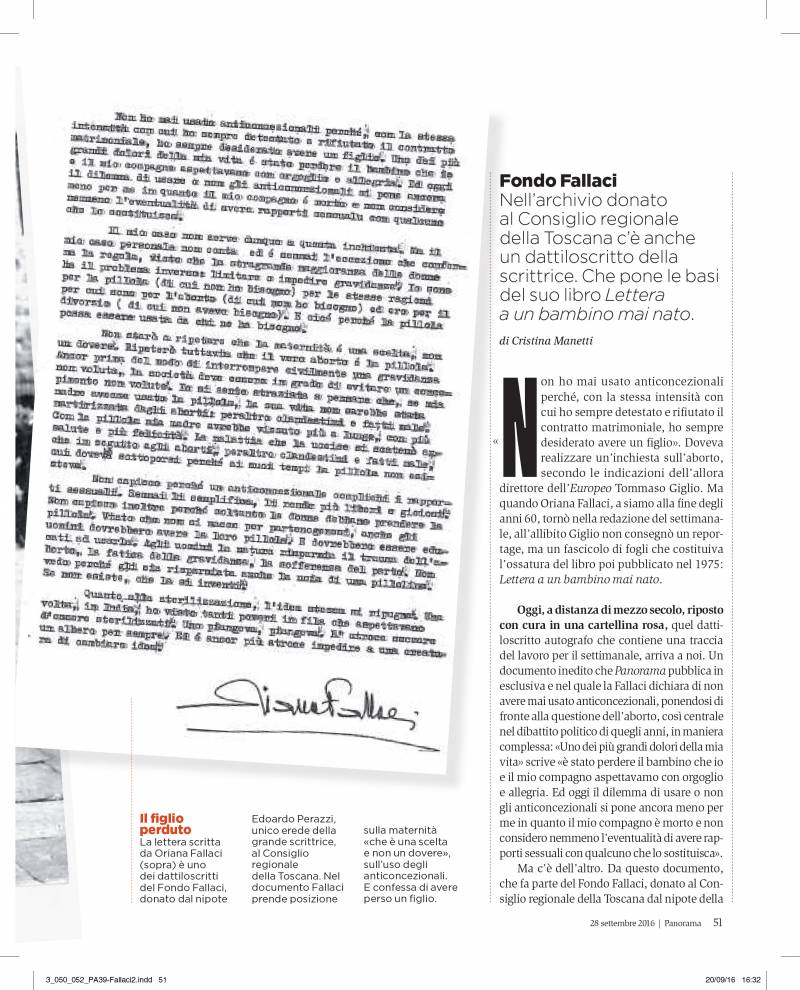 L'autografo della lettera di Oriana Fallaci pubblicato da Panorama nel 2016