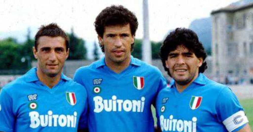 Maradona, Careca e Giordano con la maglia 'Buitoni' 