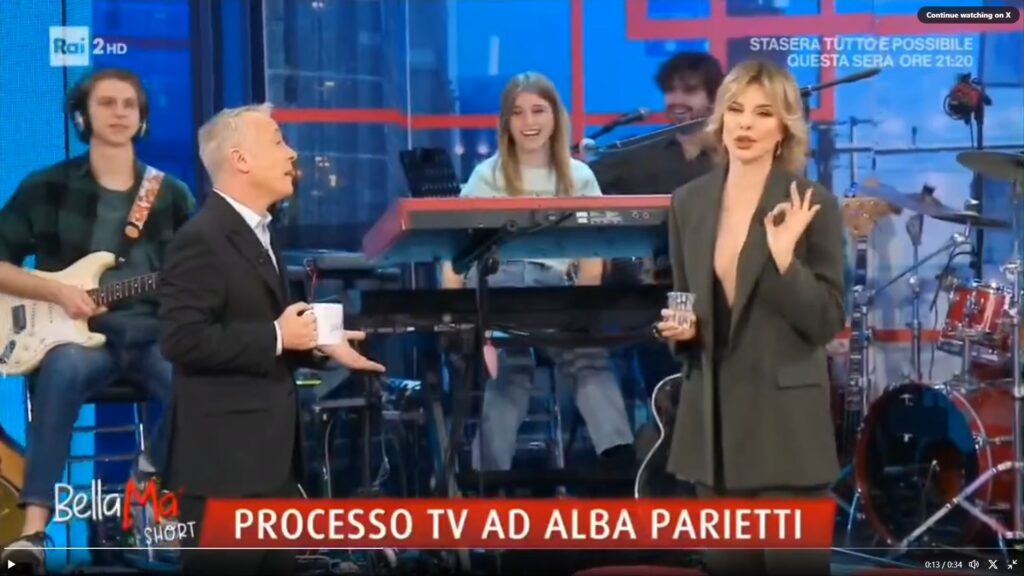 Alba Parietti, in tv le scappa una parola proibita e Diaco la sgrida: “Scusati” (VIDEO) Alba Parietti e Pierluigi Diaco a Bellamà