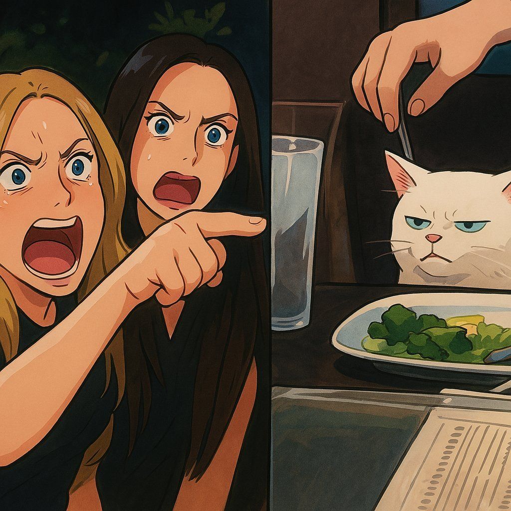Il meme delle due donne e un gatto rifatto in AI, in stile Studio Ghibli - fonte X