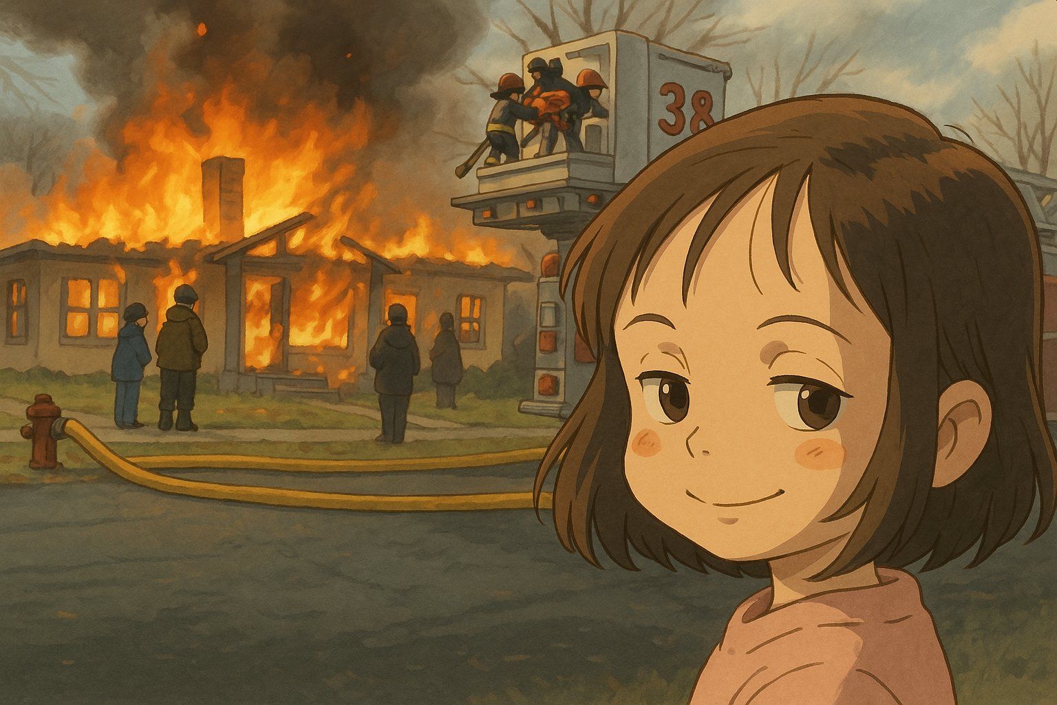 Il meme della bambina che assiste ad un incendio fatto in AI, in stile Studio Ghibli