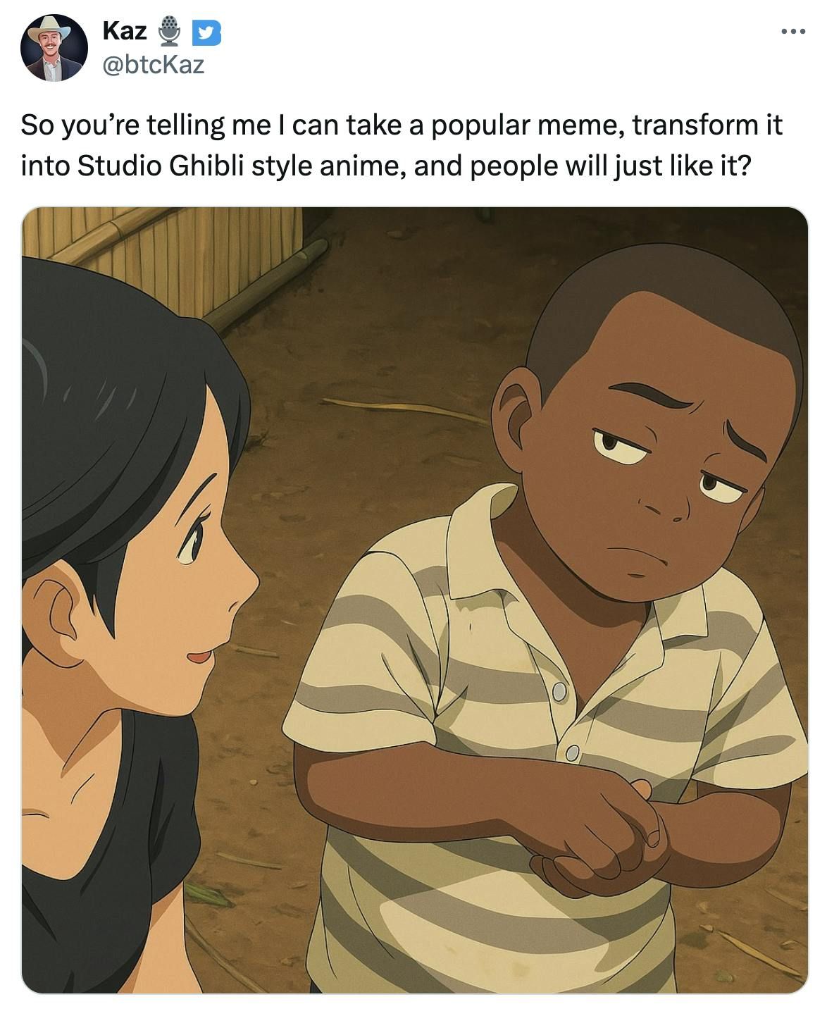 il meme del bambino nero diffidente, fatto in AI, in stile Studio Ghibli