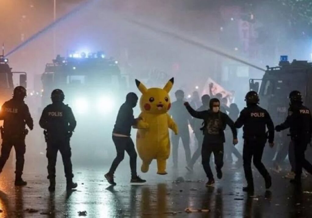 Un manifestante travestito da Pikachu, in Turchia