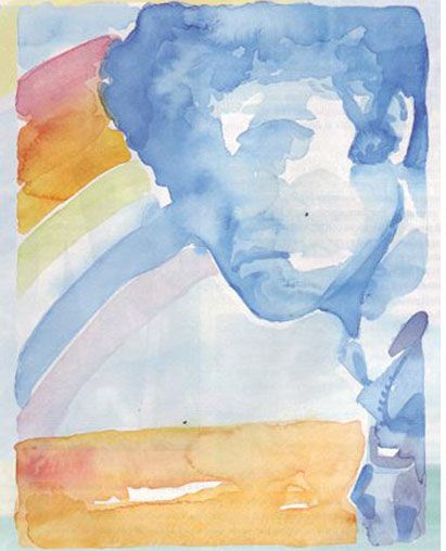 Lucio Battisti sotto un arcobaleno - acquerello di Massimo Pennacchini