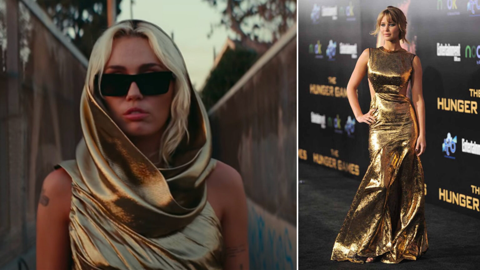 Miley Cyrus e Jennifer Lawrence con un abito oro