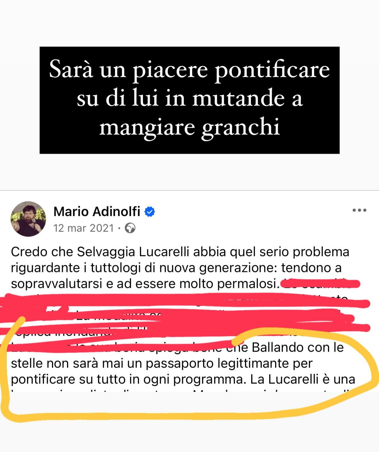 Il post di Selvaggia Lucarelli su Adinolfi
