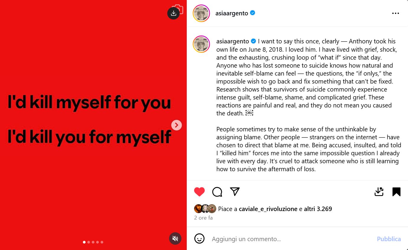 Il post di Asia Argento su Anthony Bourdain