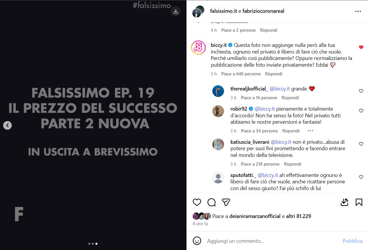 Il post di Corona e il commento di Biccy