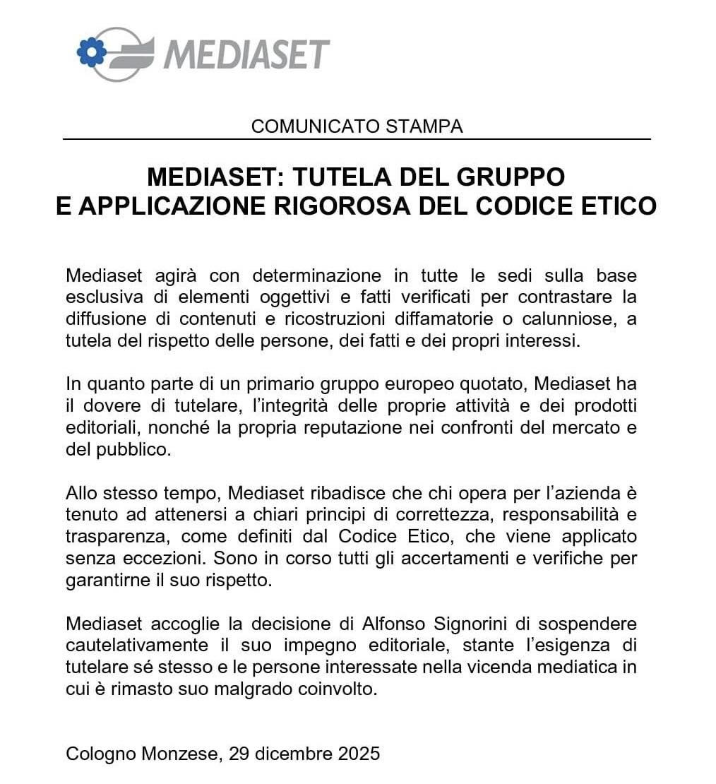 il comunicato di Mediaset