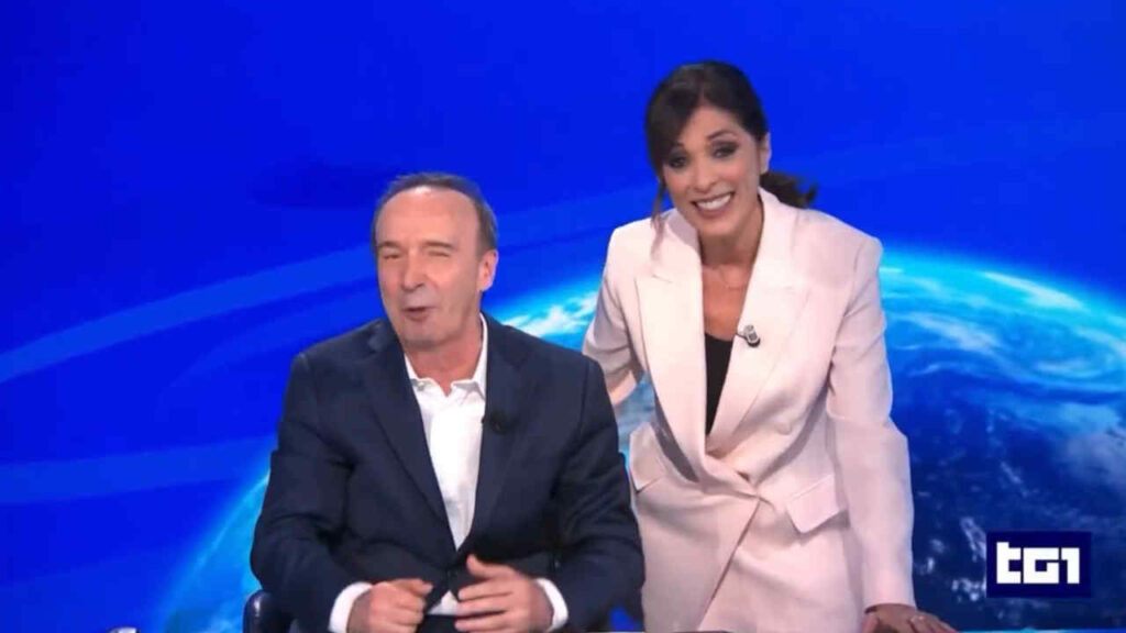 Roberto Benigni ed Emma D'Aquino al TG1