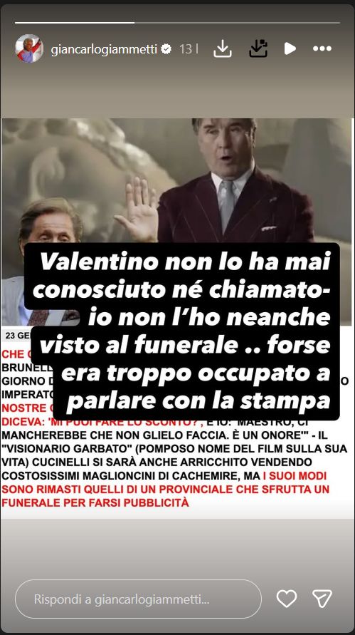 Il post di Giancarlo Giammetti contro Brunello Cucinelli