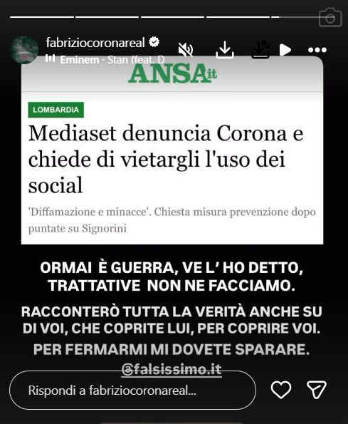 Il post di Fabrizio Corona su Mediaset
