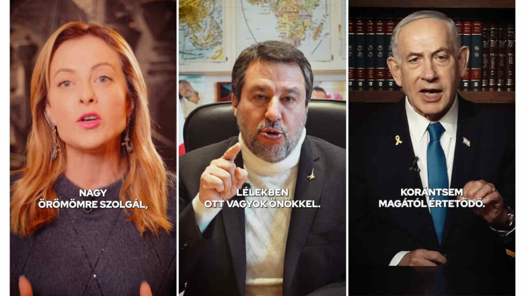 Lo spot di Orbán con Meloni, Salvini e Netanyahu scatena polemiche (e il vicepremier parla ungherese) Giorgia Meloni, Matteo Salvini e Benjamin Netanyahu