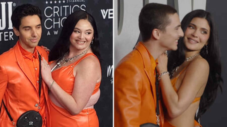 Meg Stalter e Paul W. Downs ricreano i look arancioni di Timothée Chalamet e Kylie Jenner ai Critics Choice Awards 2026