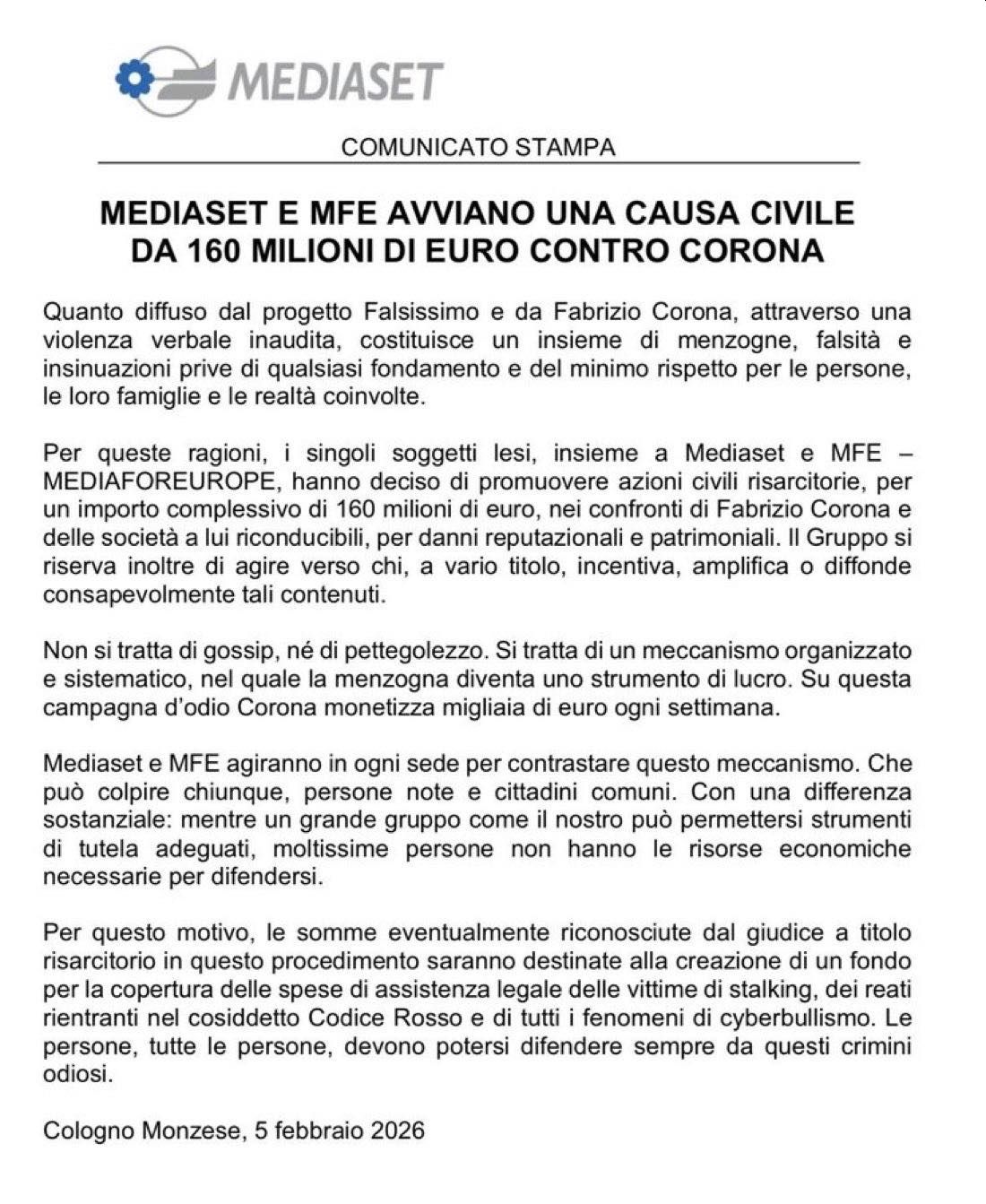 il comunicato di Mediaset che annuncia la causa contro Fabrizio Corona