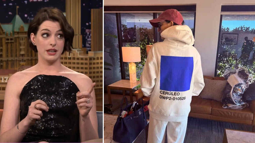 Anne Hathaway con la felpa blu ceruleo