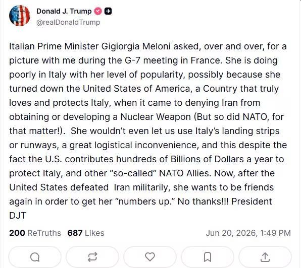Il post di Donald Trump su Giorgia Meloni