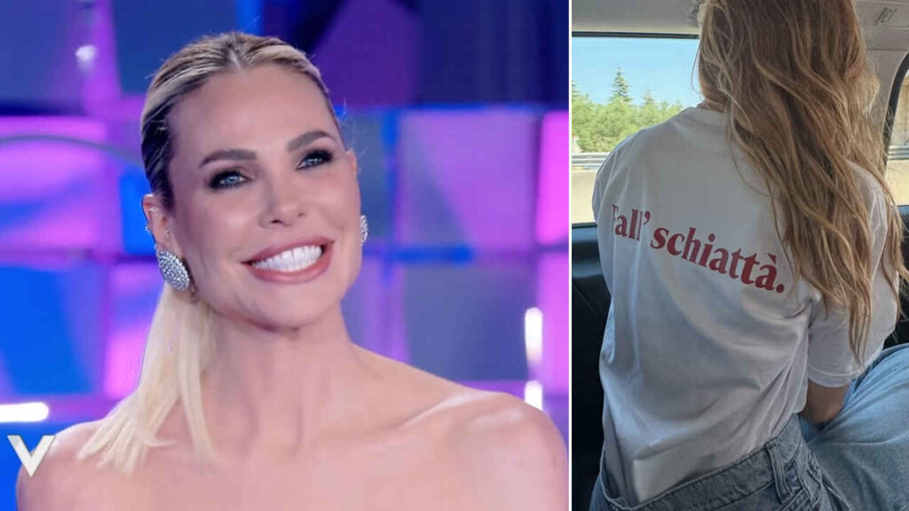Ilary Blasi con la t-shirt con la scritta "fall schiattà"