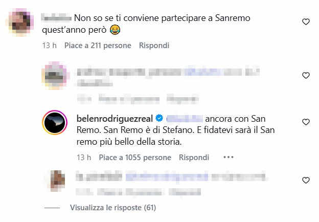 il commento di Belen su Sanremo 2027