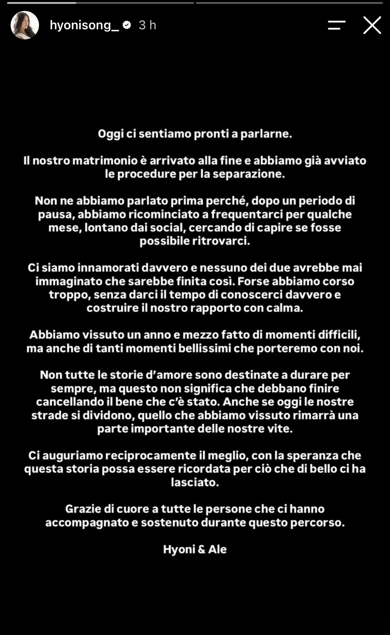 Il messaggio lasciato su Instagram da Hyoni Song (fonte Instagram)